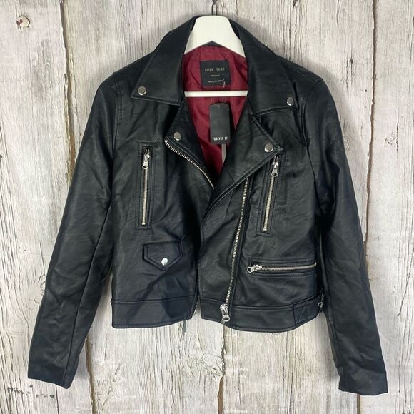 Love Tree Jackets & Blazers - Love Tree Black Faux Leather Moto Cropped Jacket Size Medium  296
